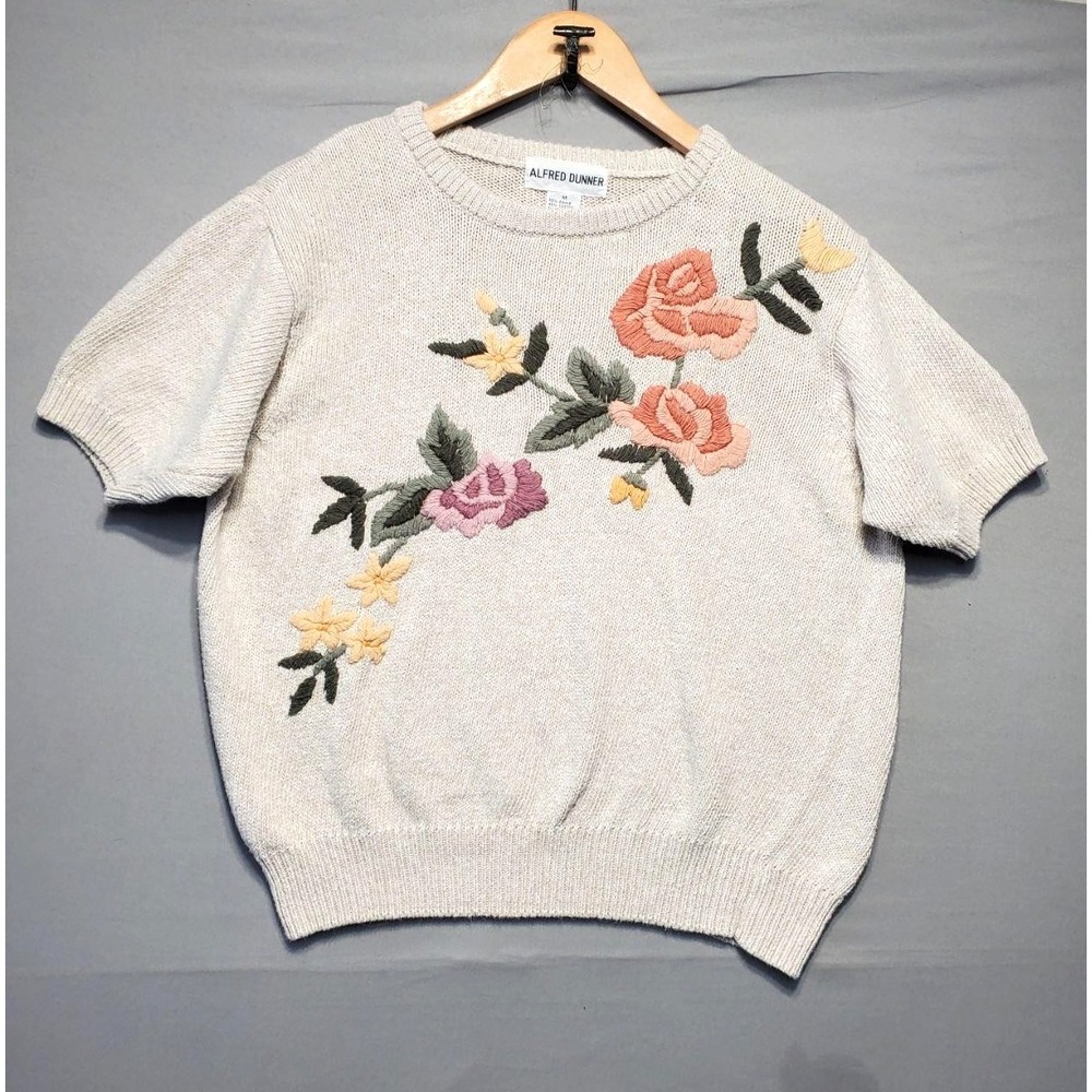 VTG Alfred Dunner Sweater Womens Medium Floral Embroidered Short Sleeve Cottage